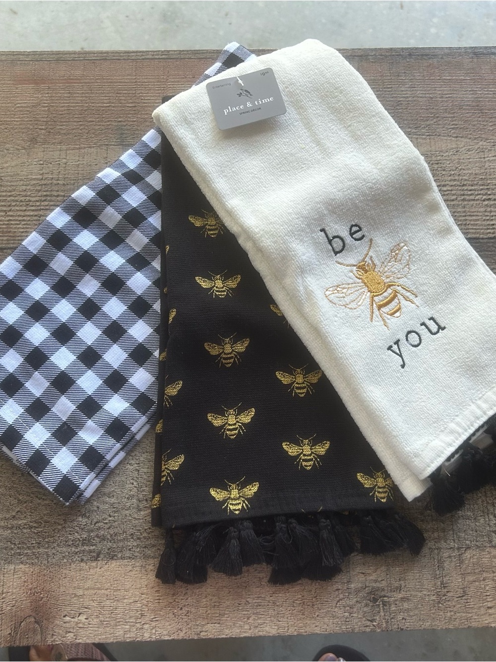place & time Bee Embroidered White Cotton Kitchen Towel - "Be You" NWT